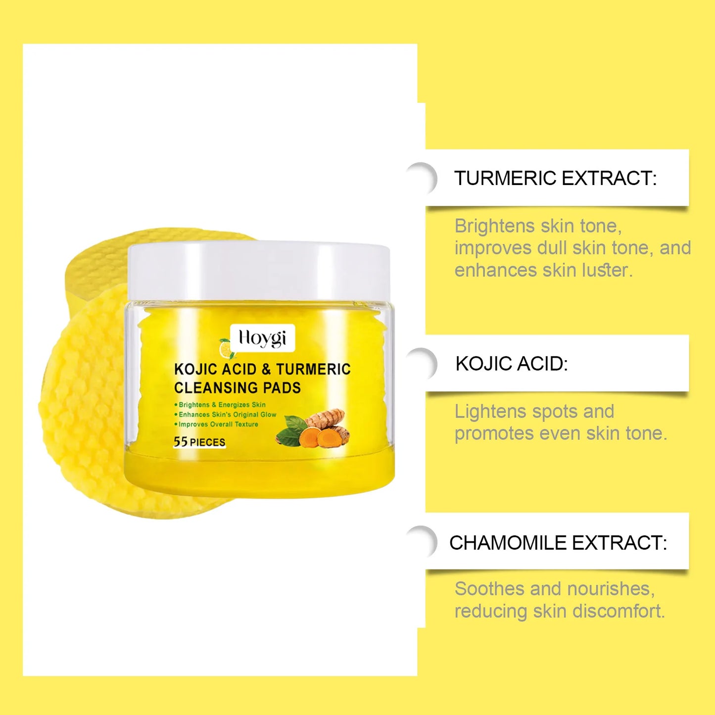 Hoygi 55pcs Turmeric Cleansing Pads Facial Exfoliating Daily Cleansing Remove Dead Skin Smooth Shrink Pore Face Washing Pads
