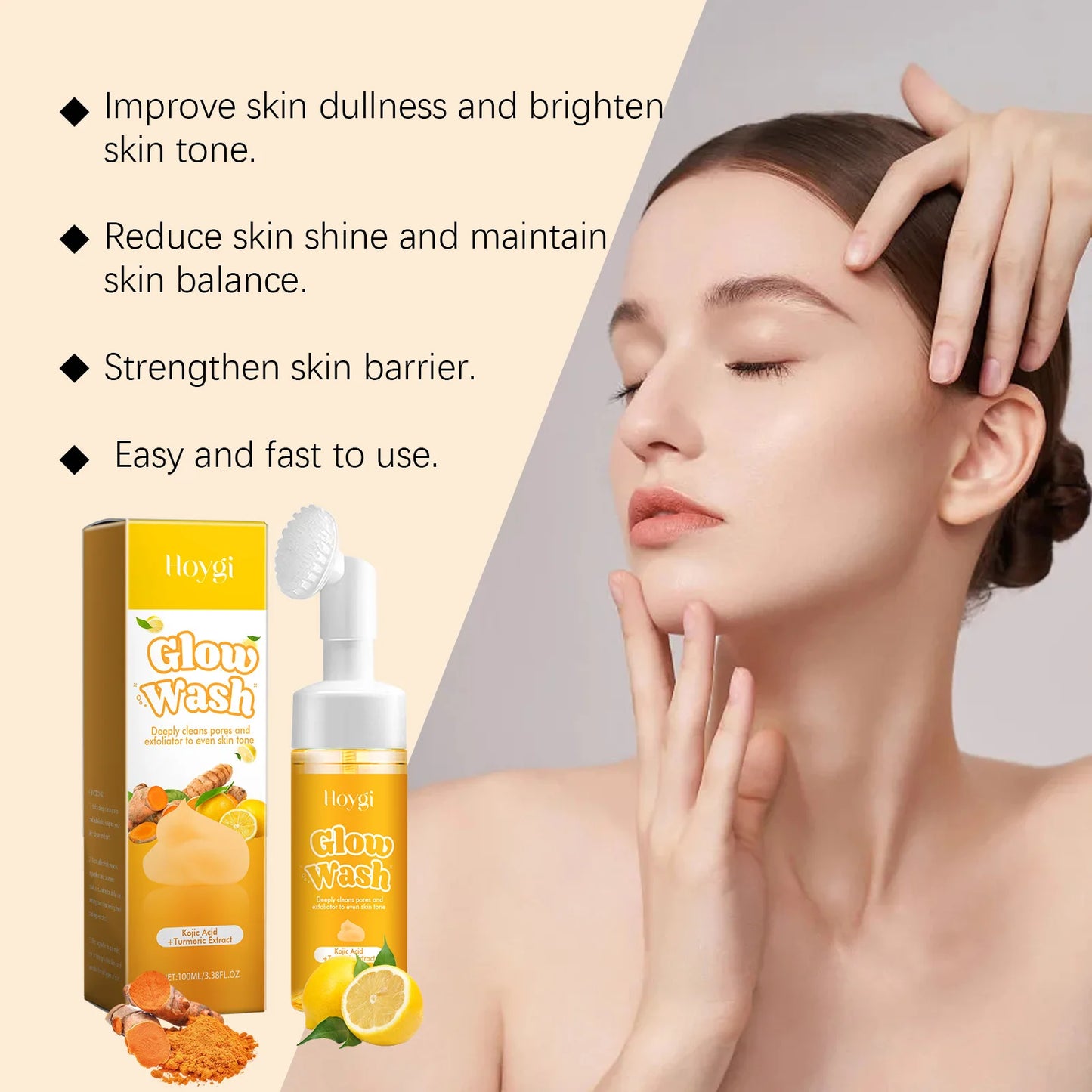 Hoygi 100ml Turmeric Face Wash Cleanser Clean Pores Glow Skin Care Hydrating Oil Control Remove Blackhead Exfoliating Cleanser