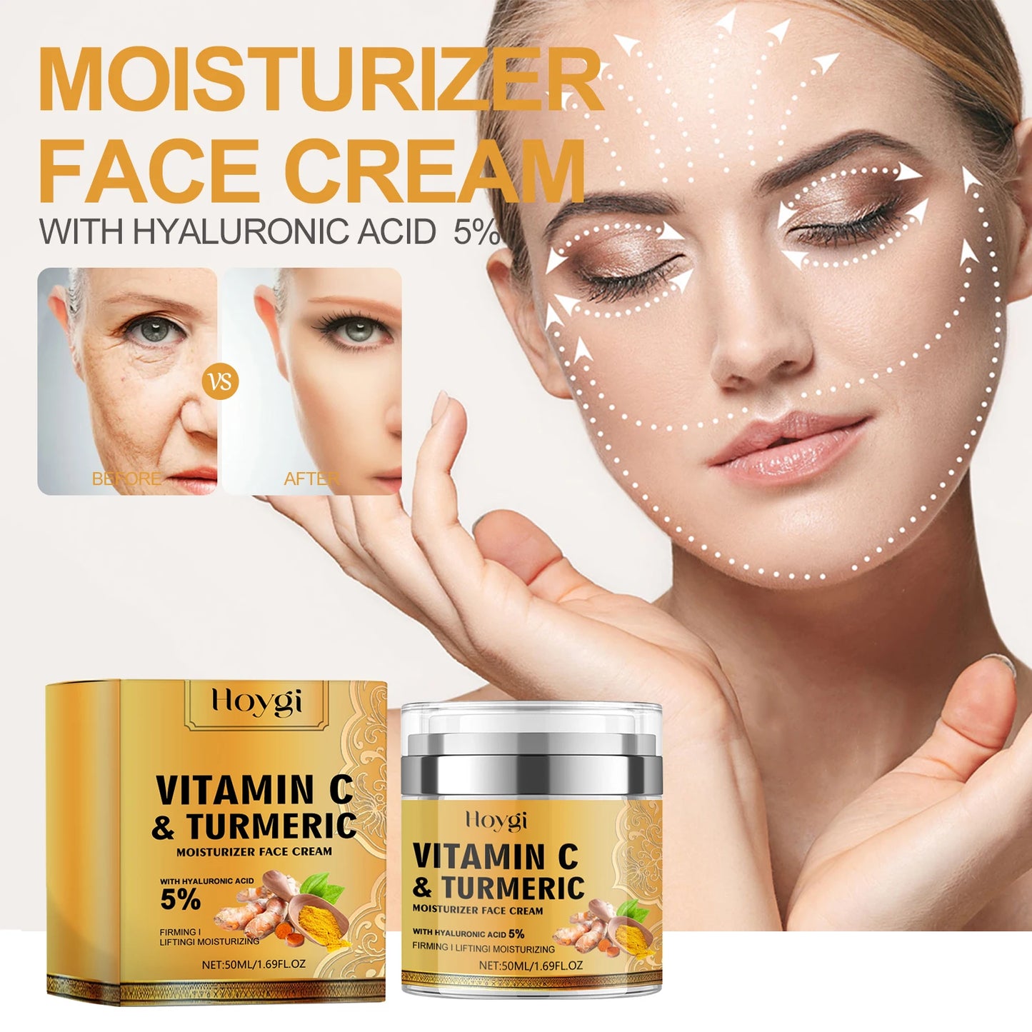 Hoygi 50ml Turmeric Brightening Facial Cream Fade Fine Lines Reduce Melanin Lasting Moisturizing Tender Skin Nourish Face Cream