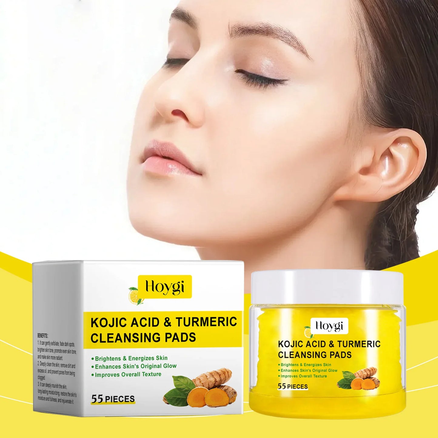Hoygi 55pcs Turmeric Cleansing Pads Facial Exfoliating Daily Cleansing Remove Dead Skin Smooth Shrink Pore Face Washing Pads