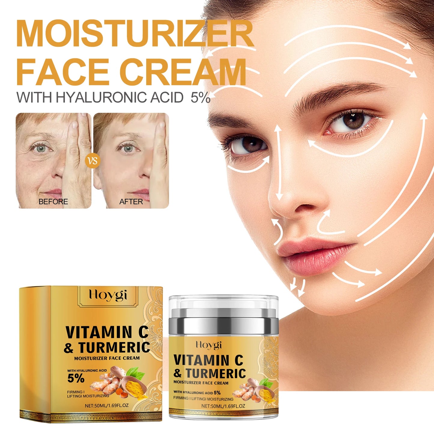Hoygi 50ml Turmeric Brightening Facial Cream Fade Fine Lines Reduce Melanin Lasting Moisturizing Tender Skin Nourish Face Cream