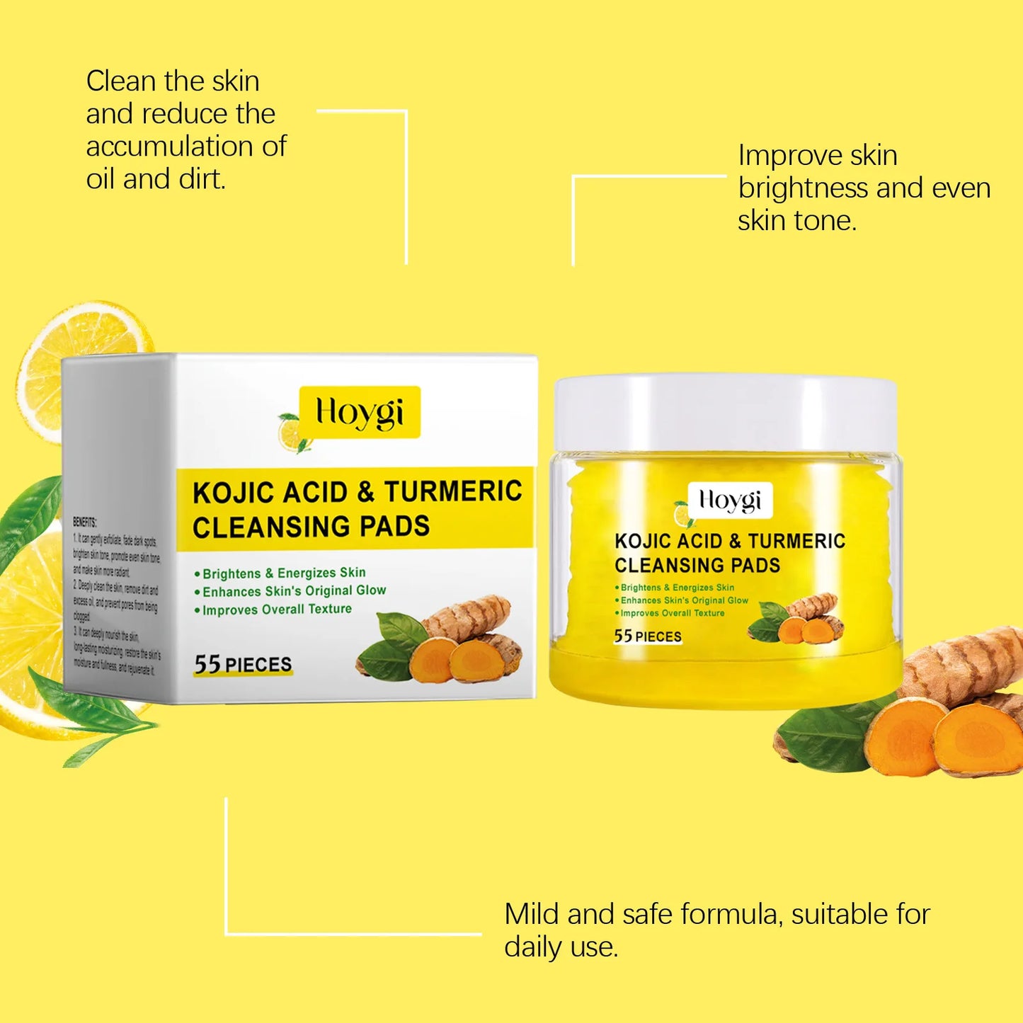 Hoygi 55pcs Turmeric Cleansing Pads Facial Exfoliating Daily Cleansing Remove Dead Skin Smooth Shrink Pore Face Washing Pads