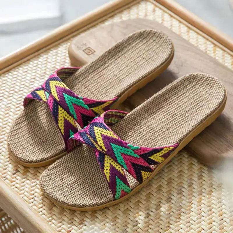 Mntrerm 2022 New Casual Sneakers For Home Slippers Summer Mixed colors Floor Woman Indoor Flats Shoes Cross Linen Slipper Terlik - Imbasat