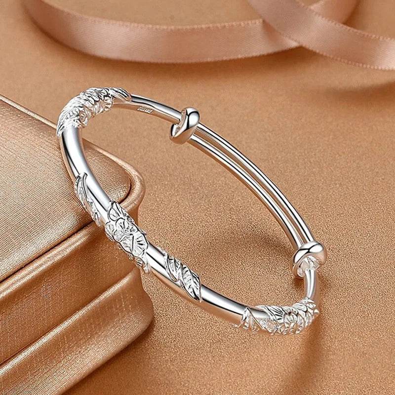 925 Sterling Silver Full-blown Flowers Bracelet For Women Original Texture Adjustable Solid Bracelets Light Luxury Party Jewelry - Imbasat