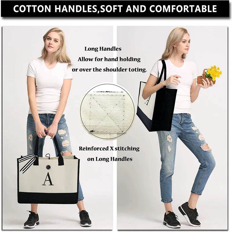 A-Z Canvas Totes bag Fashion Canvas Tote Letters Flower Portable Beach Shoulder Shopping Casual Beach Bag Large Capacity Handbag - Imbasat