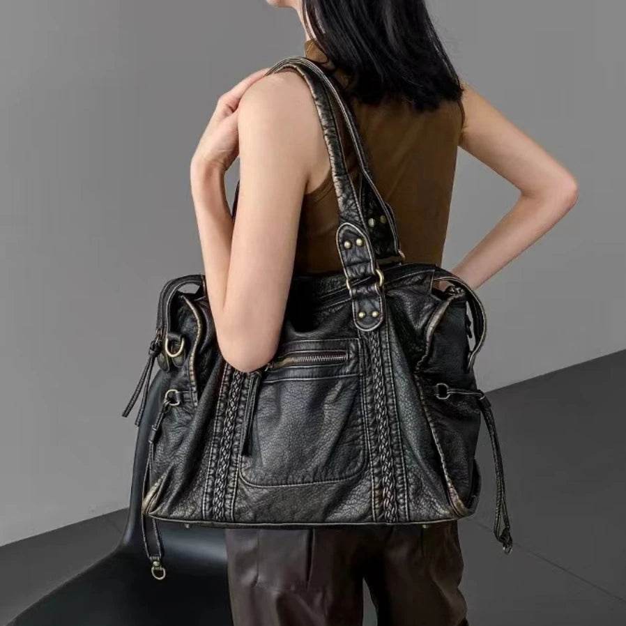 Y2K Spicy Girl One Shoulder Crossbody Bag Vintage Washed Leather Motorcycle Bag Large Capacity Bag - Imbasat
