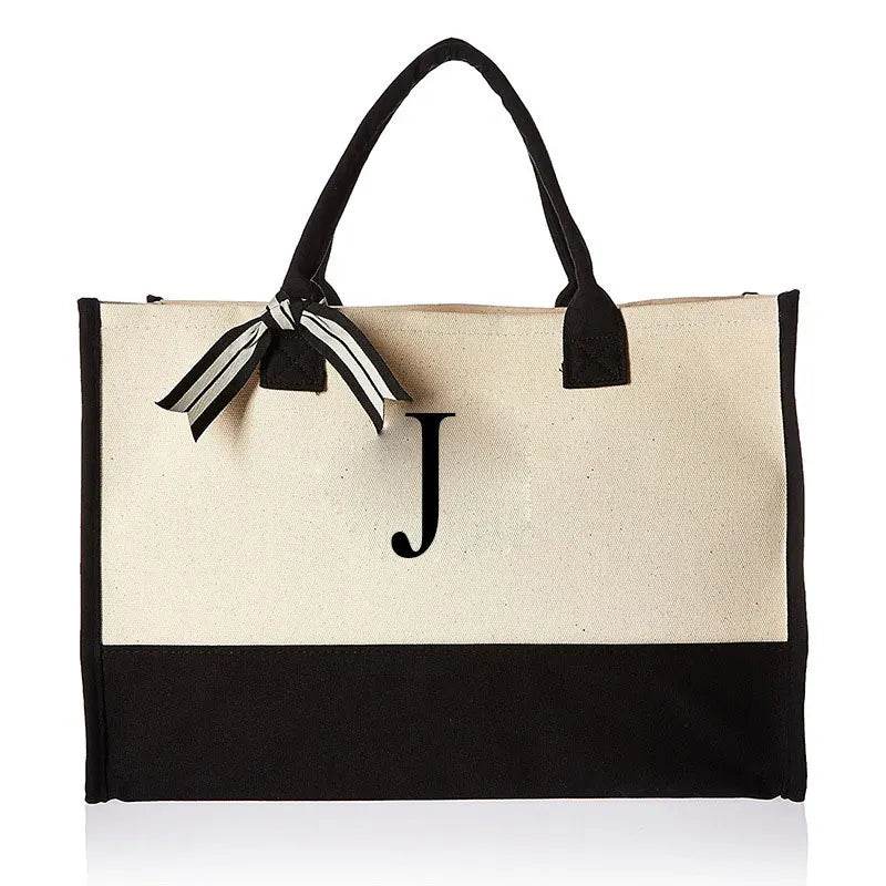 A-Z Canvas Totes bag Fashion Canvas Tote Letters Flower Portable Beach Shoulder Shopping Casual Beach Bag Large Capacity Handbag - Imbasat