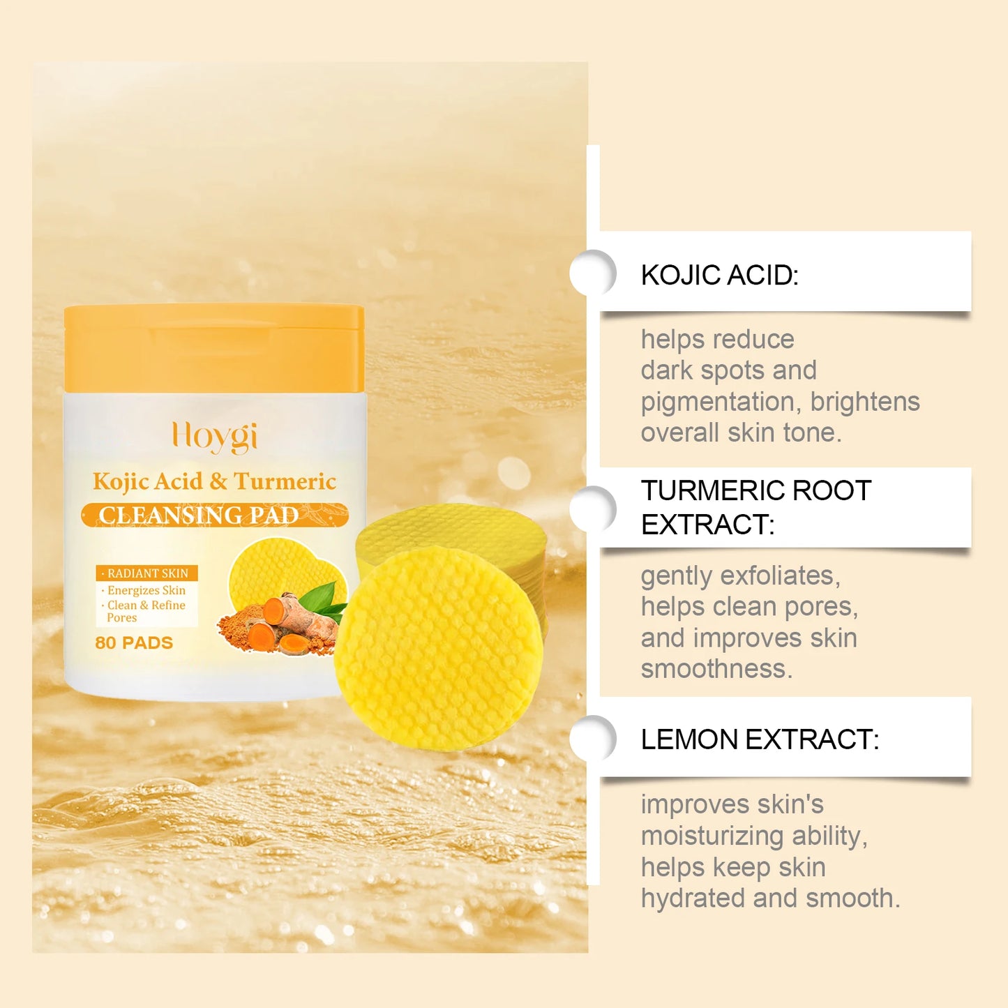 80Pcs Turmeric Kojic Acid Cleansing Pads Cleansing Exfoliating Pads Facial Sponges Refreshing Daily Facial Pore Cleansing Pad