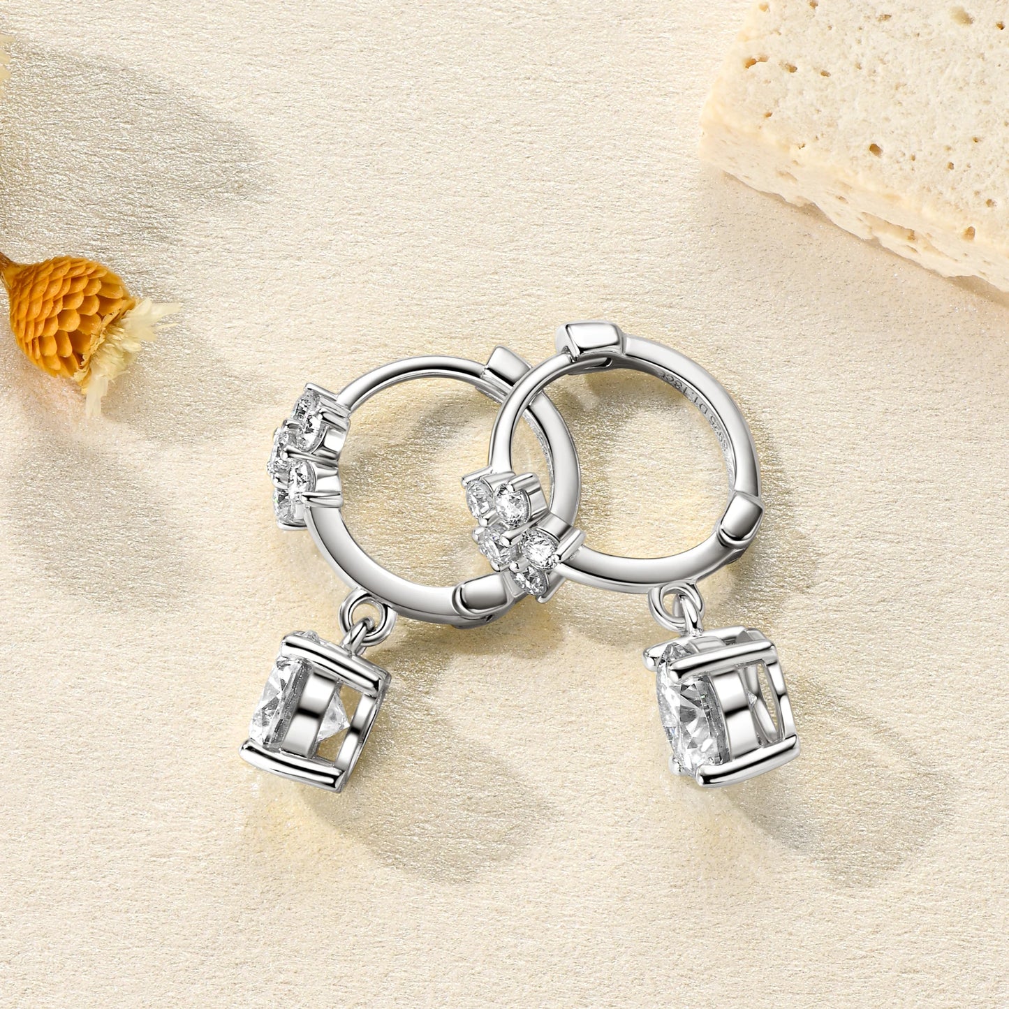 Anziw 18k Gold Plated 925 Silver Flower 6.5MM 1CT Moissanite Drop Hoop Earrings