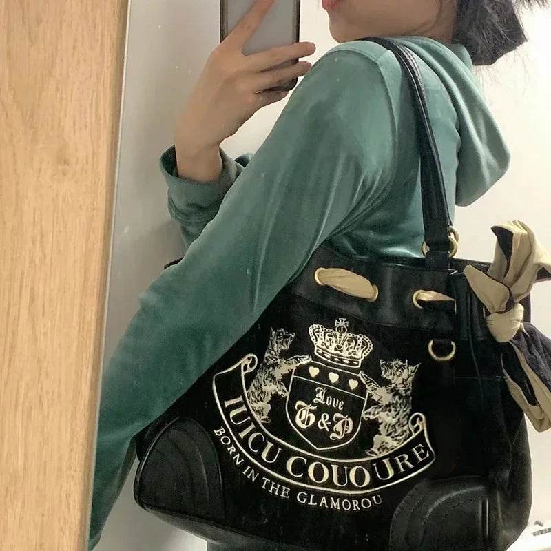 Y2K Women Vintage Retro Chic Embroidery Velvet Handbags Ladies Large-Capacity Tote Bag Girl Shopping Shoulder Bag women's Purses - Imbasat