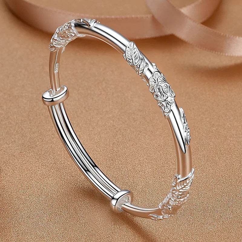 925 Sterling Silver Full-blown Flowers Bracelet For Women Original Texture Adjustable Solid Bracelets Light Luxury Party Jewelry - Imbasat