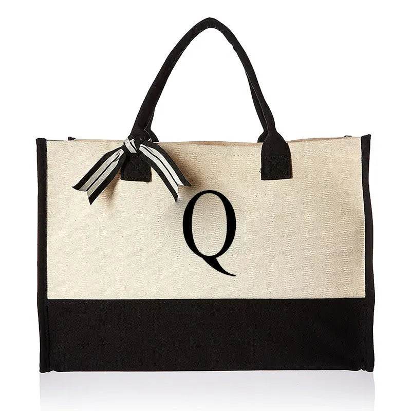 A-Z Canvas Totes bag Fashion Canvas Tote Letters Flower Portable Beach Shoulder Shopping Casual Beach Bag Large Capacity Handbag - Imbasat