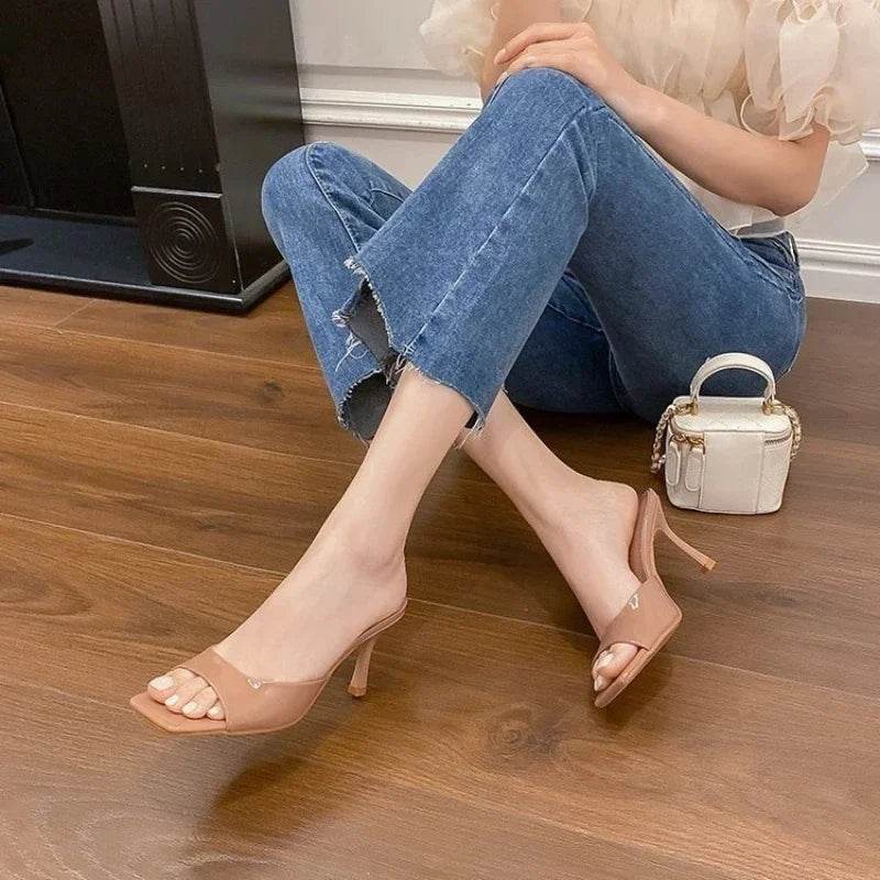 Summer New Slippers Women Trend Sexy Large Size Square Toe Thin Heels Shoes Ladies Casual Slippers Heel zapatos - Imbasat