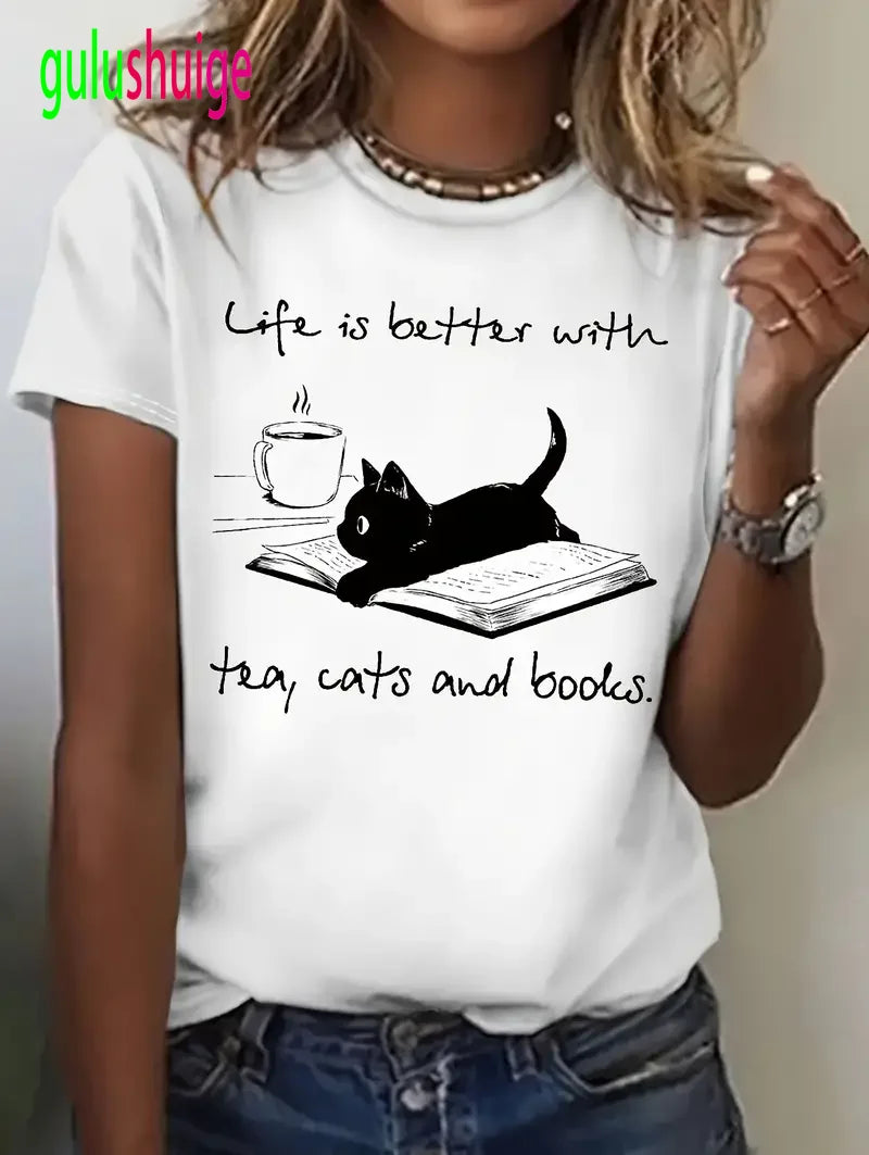Women's Cat Graphic Print T-Shirt "Life Is Better with Tea Cats and Books" Design Short Sleeve Crew Neck Casual Top T Shirt