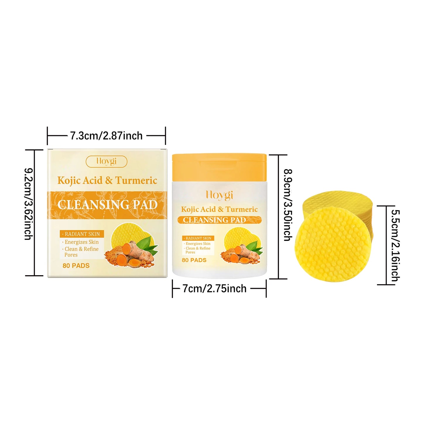 80Pcs Turmeric Kojic Acid Cleansing Pads Cleansing Exfoliating Pads Facial Sponges Refreshing Daily Facial Pore Cleansing Pad
