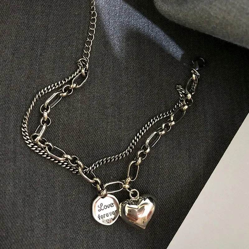 Elegant 925 Sterling Silver Love Letter Heart Double Layer Bracelet Female Unique Design Thai Silver Retro Light Luxury Jewelry - Imbasat