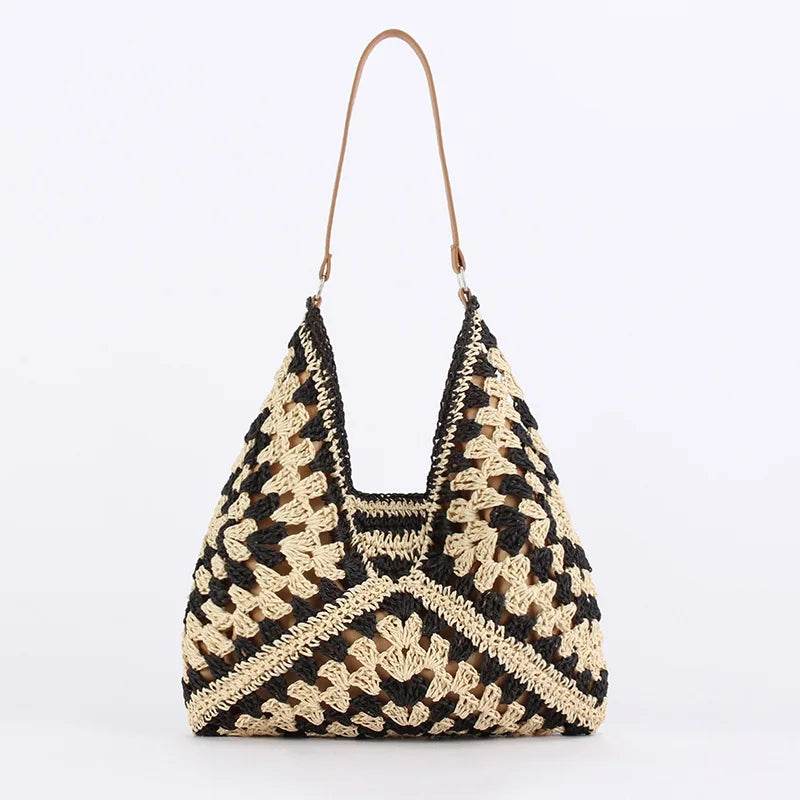 Women Straw Tote Bag Large Capacity Vintage Vacation Shoulder Bag Everything Casual Handbag Designer Hollow Summer Beach Bag - Imbasat