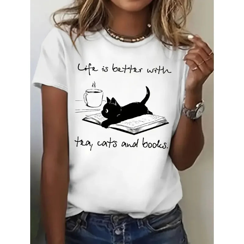 Women's Cat Graphic Print T-Shirt "Life Is Better with Tea Cats and Books" Design Short Sleeve Crew Neck Casual Top T Shirt