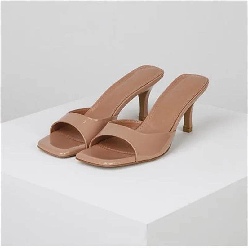 Lacquer Leather High-heeled Sandals for Women's Outdoor Slippers New Summer Versatile Slim Heel Square Toe Open Toe Flip Flops - Imbasat