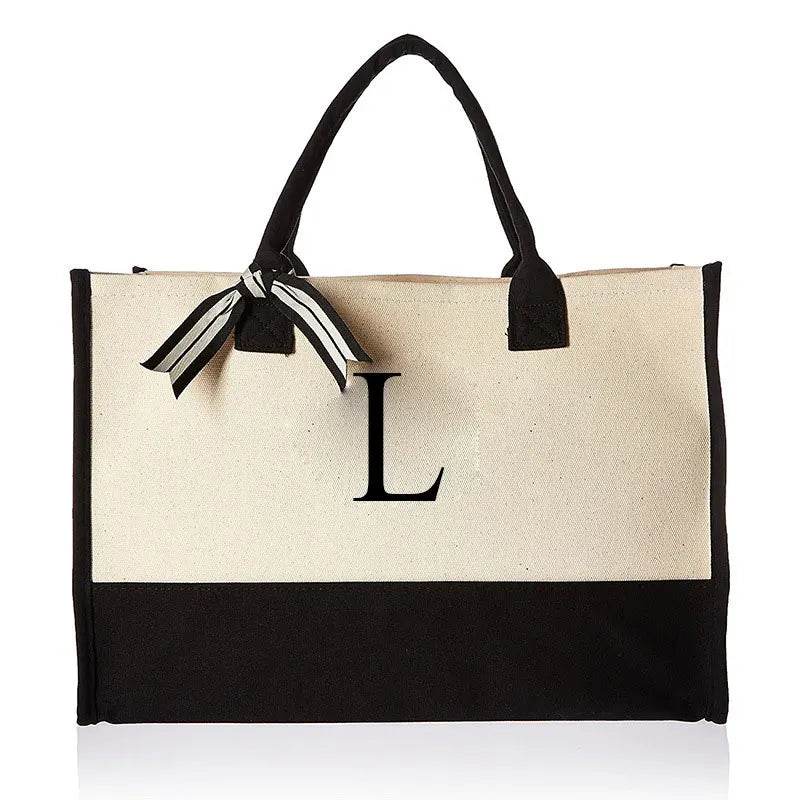A-Z Canvas Totes bag Fashion Canvas Tote Letters Flower Portable Beach Shoulder Shopping Casual Beach Bag Large Capacity Handbag - Imbasat
