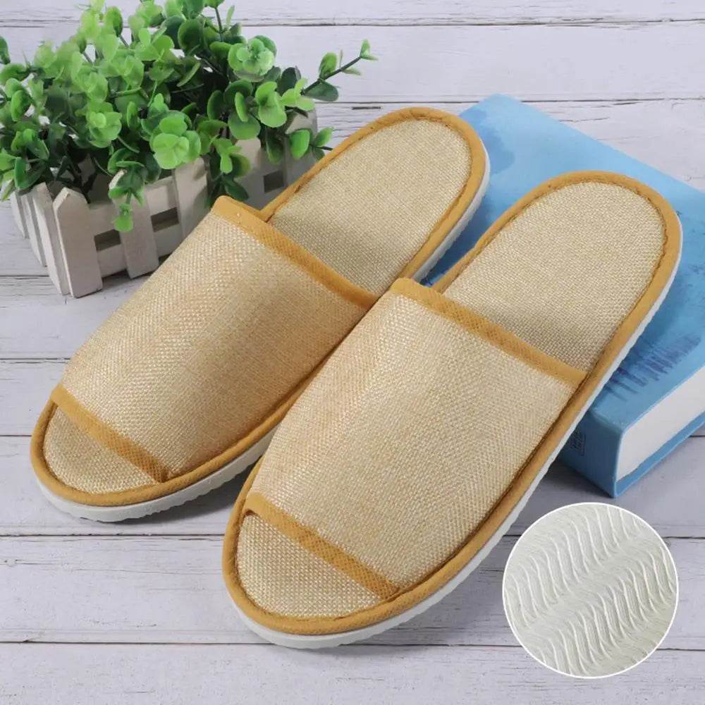 1 Pair Hotel Travel Slippers Cotton Linen Disposable Slippers Sanitary Home Guest Use Men Women Indoor Bedroom House Shoes - Imbasat