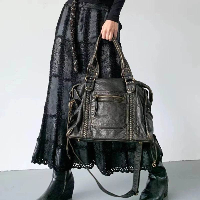 Y2K Spicy Girl One Shoulder Crossbody Bag Vintage Washed Leather Motorcycle Bag Large Capacity Bag - Imbasat