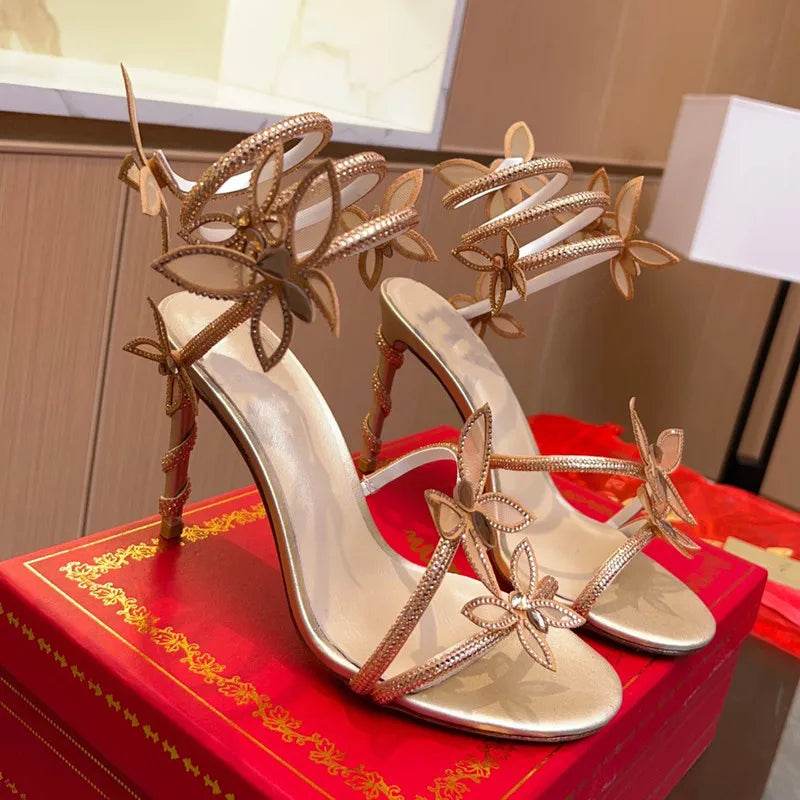 Luxury Crystal Embellished Butterfly Detail Women Sandals Sexy Coiled Strap High heels Gladiator Sandals Summer Party prom Shoes - Imbasat