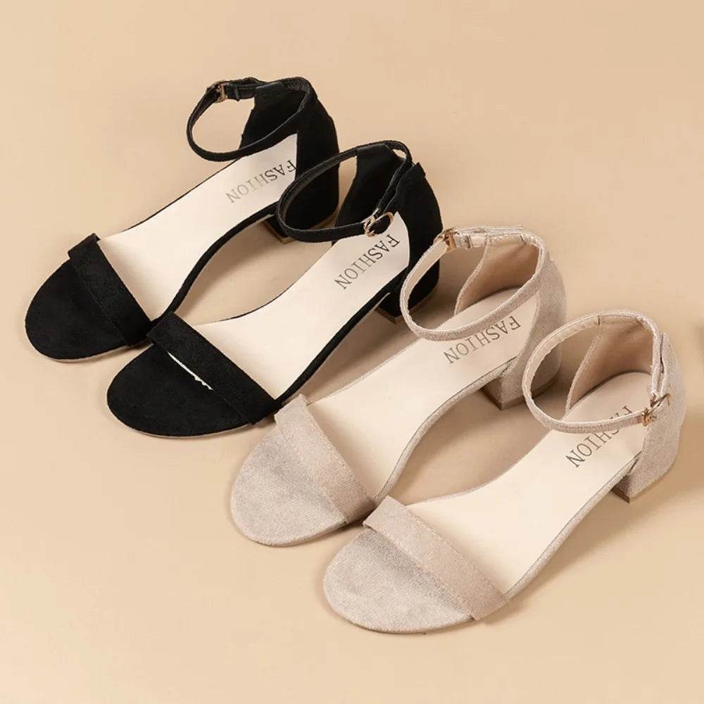 Beige High Heels Sandals Women Summer Shoes Women Fashion Open Toe Buckle Sandals Casual Square Heel Female Shoes - Imbasat
