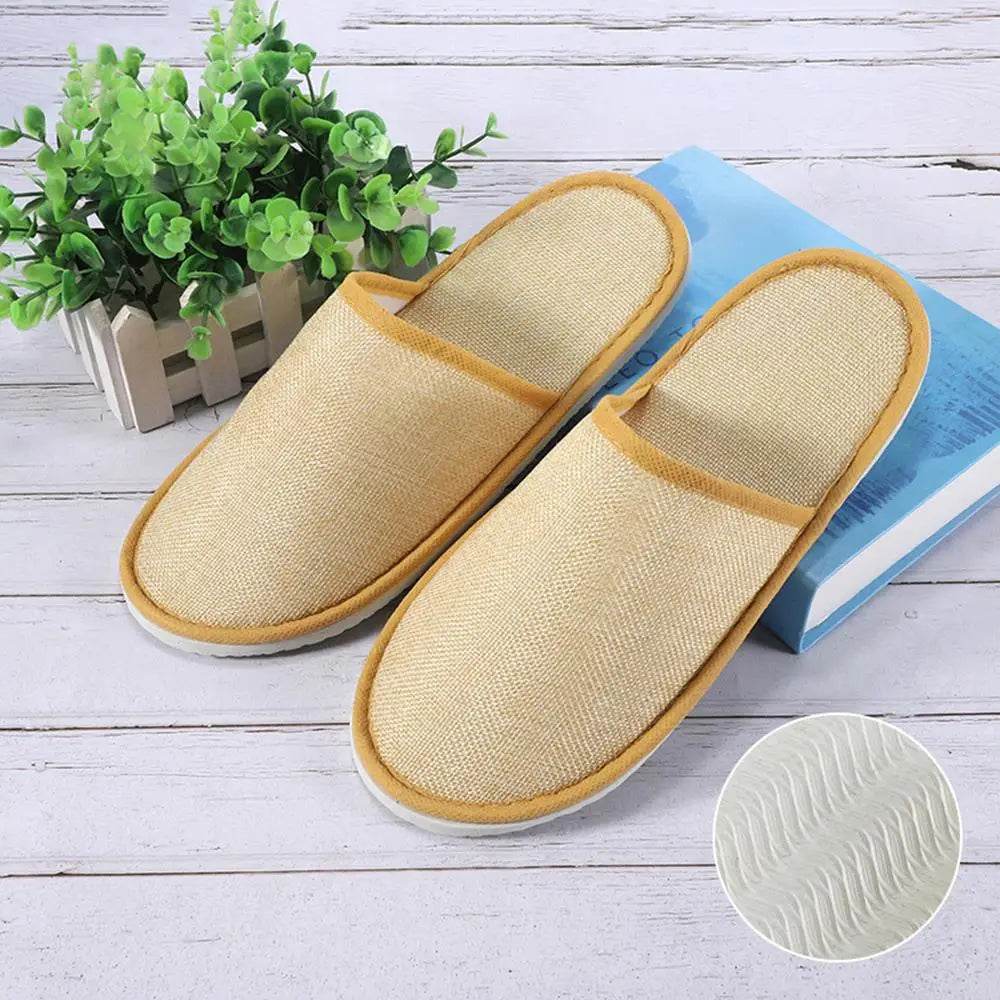 1 Pair Hotel Travel Slippers Cotton Linen Disposable Slippers Sanitary Home Guest Use Men Women Indoor Bedroom House Shoes - Imbasat