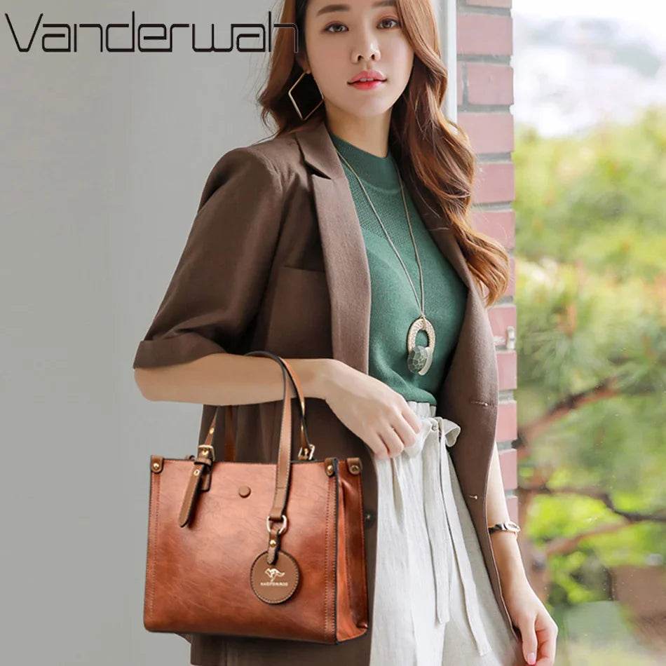 3 Layers Casual Tote Vintage Ladies Tote Hand Bag Leather Luxury Handbags Women Designer Bags for Women 2024 Sac A Main Femme - Imbasat