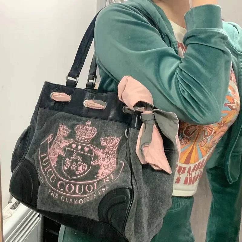 Y2K Women Vintage Retro Chic Embroidery Velvet Handbags Ladies Large-Capacity Tote Bag Girl Shopping Shoulder Bag women's Purses - Imbasat
