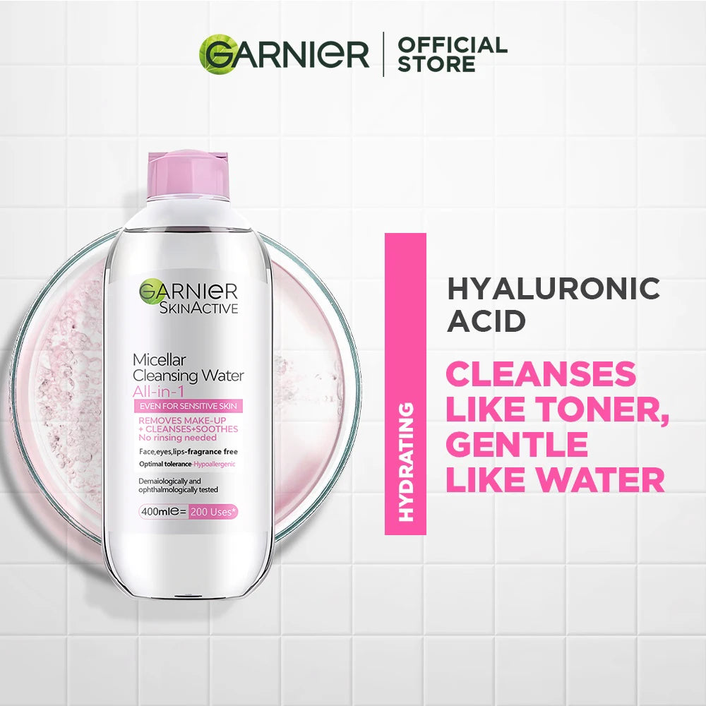 GARNIER Makeup Remover Liquid 400ml Face Eye Lip 3-in-1 Makeup Removal Gentle Refresh Deep Cleansing Smoothing Makeup Cosmetics