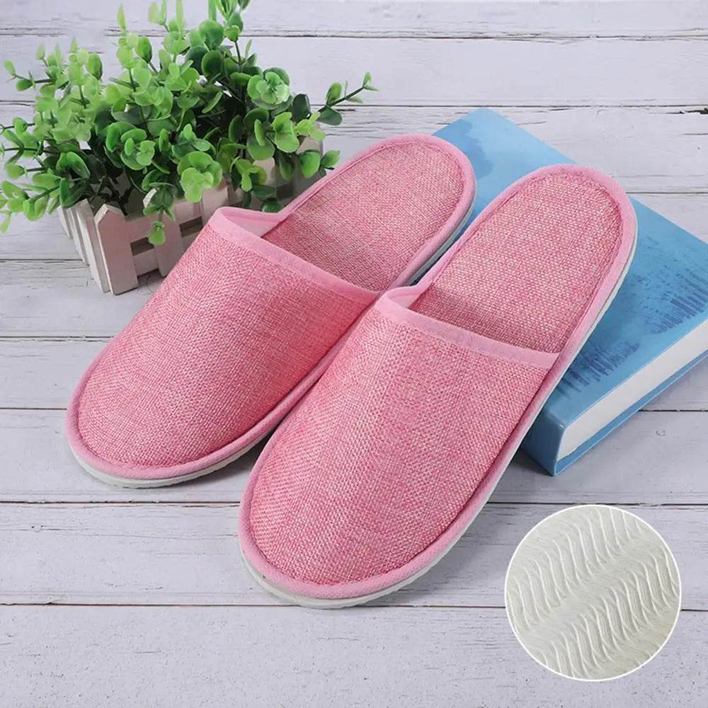1 Pair Hotel Travel Slippers Cotton Linen Disposable Slippers Sanitary Home Guest Use Men Women Indoor Bedroom House Shoes - Imbasat