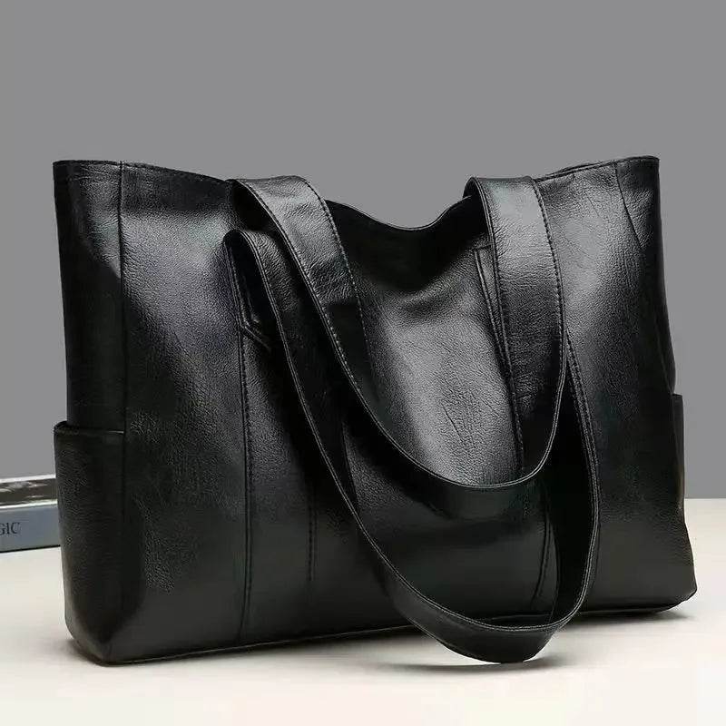 New Casual PU Leather Large Capacity Tote Bags for Women Fashion Solid Color Zipper Female Shoulder Bag Ladies Handbag - Imbasat