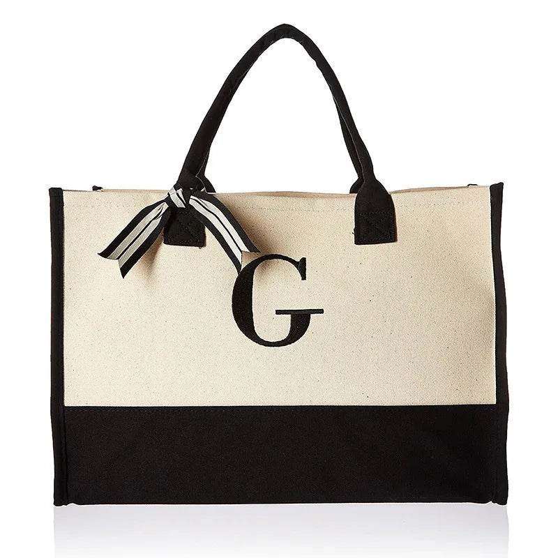 A-Z Canvas Totes bag Fashion Canvas Tote Letters Flower Portable Beach Shoulder Shopping Casual Beach Bag Large Capacity Handbag - Imbasat