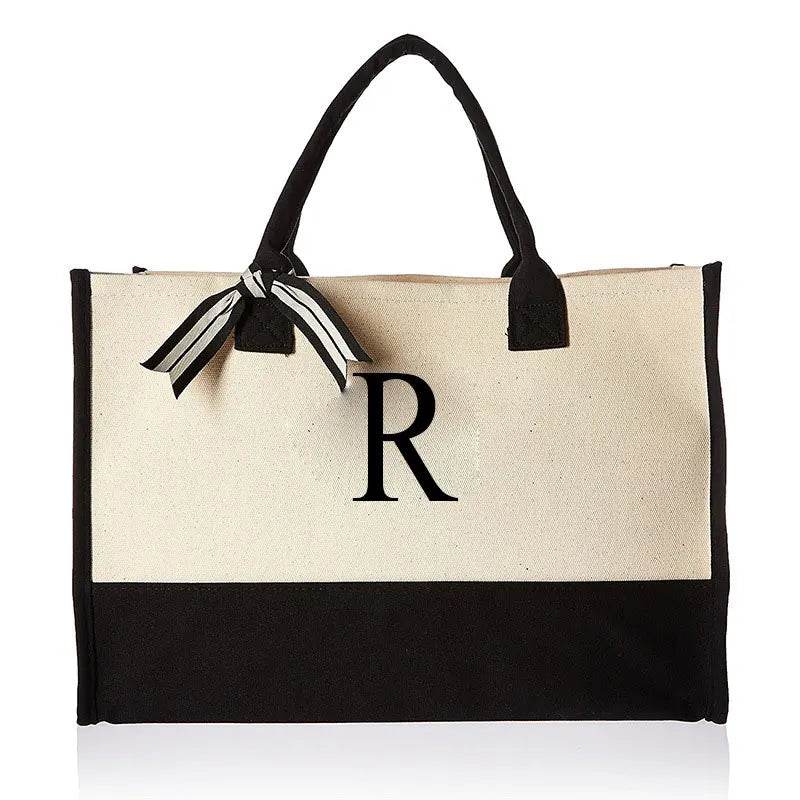 A-Z Canvas Totes bag Fashion Canvas Tote Letters Flower Portable Beach Shoulder Shopping Casual Beach Bag Large Capacity Handbag - Imbasat