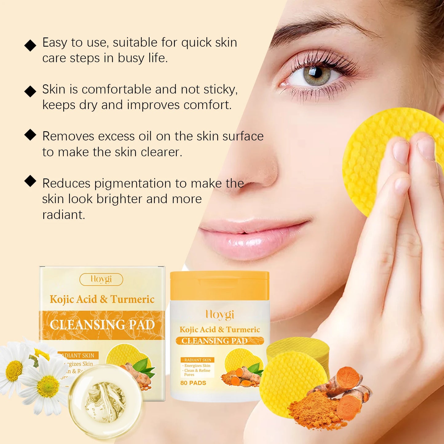 80Pcs Turmeric Kojic Acid Cleansing Pads Cleansing Exfoliating Pads Facial Sponges Refreshing Daily Facial Pore Cleansing Pad