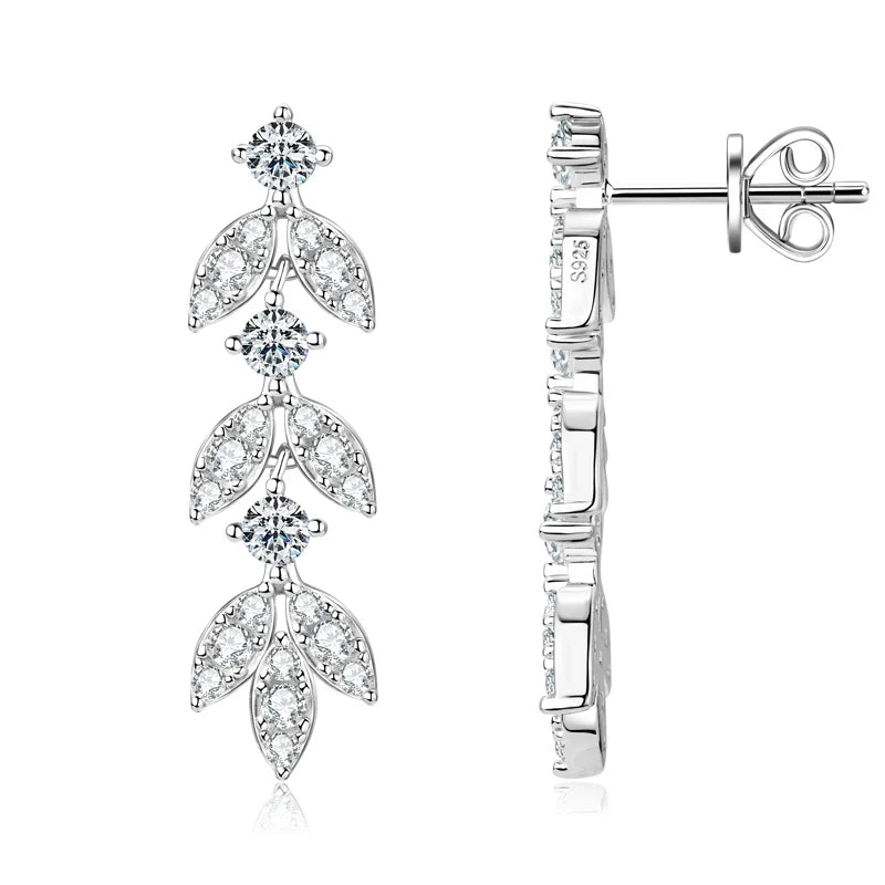 ANZIW Real Moissanite Earrings Leaf Chandelier Drop Dangle Long Earrings 925 Silver Piercing