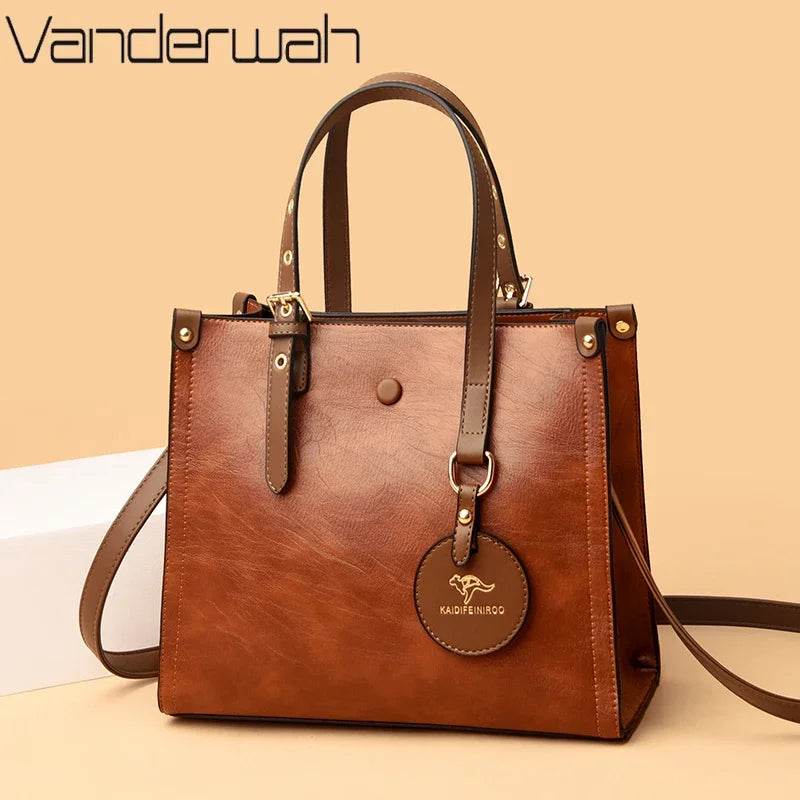 3 Layers Casual Tote Vintage Ladies Tote Hand Bag Leather Luxury Handbags Women Designer Bags for Women 2024 Sac A Main Femme - Imbasat