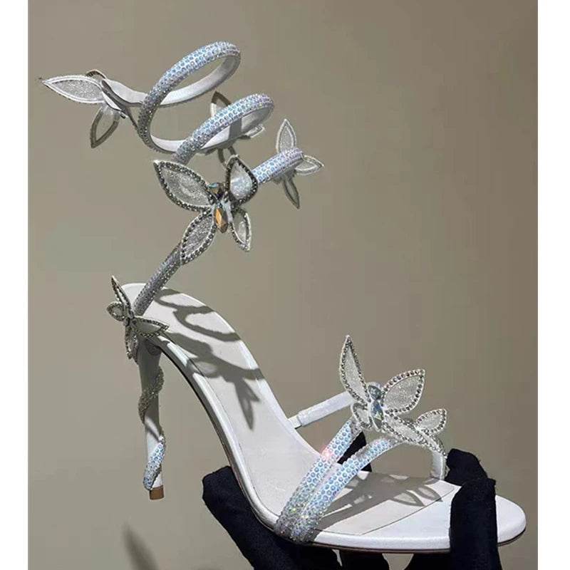 Luxury Crystal Embellished Butterfly Detail Women Sandals Sexy Coiled Strap High heels Gladiator Sandals Summer Party prom Shoes - Imbasat
