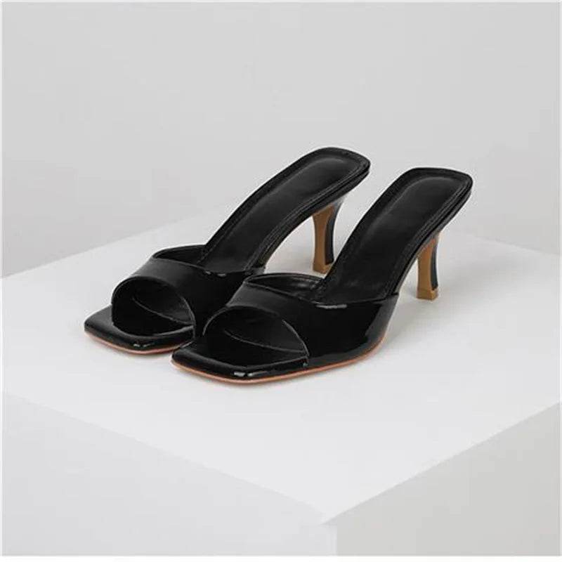 Lacquer Leather High-heeled Sandals for Women's Outdoor Slippers New Summer Versatile Slim Heel Square Toe Open Toe Flip Flops - Imbasat
