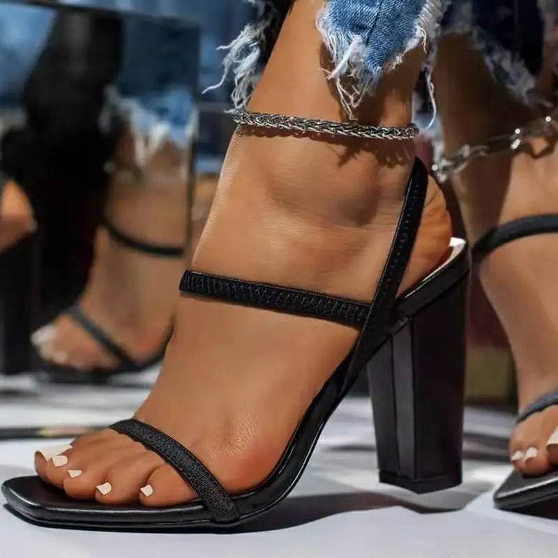 Woman Large Size 2024 New Summer Heel Shoes Thick Heels Miss Sandals 7CM Square Head Minimalist Design Fashionable and Versatile - Imbasat