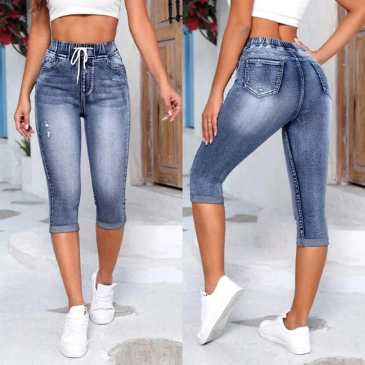 2025 New High Waist Ripped Calf-Length Jeans For Women Fashion High Stretch Elastic Waist Denim Pencil Pants Casual Skinny Jeans