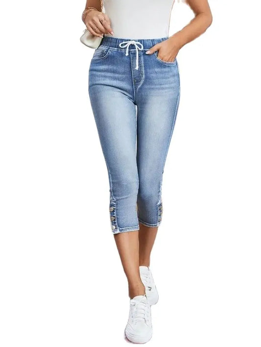2025 Summer Women's Calf-Length Jeans Fashion Skinny High Stretch Elastic Waist Denim Pencil Pants Casual Slim Jeans S-2XL