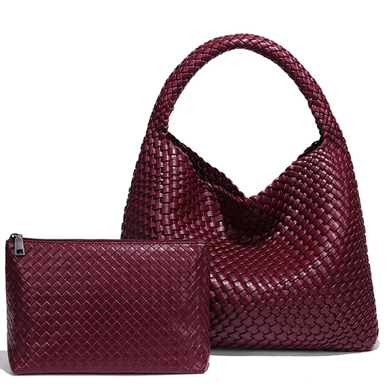 Large Woven Tote Bag for Women with Purse Fashion Shoulder Hobo Underarm Bags Woven Soft Vegan Leather Handbag