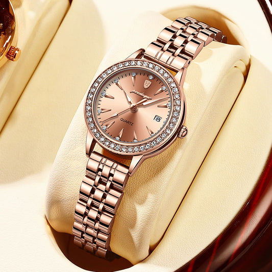 POEDAGAR Women's Watches Elegant Fashion Original Quartz Watch for Girl Diamond Bezel Waterproof Stainless Steel Luminous Date