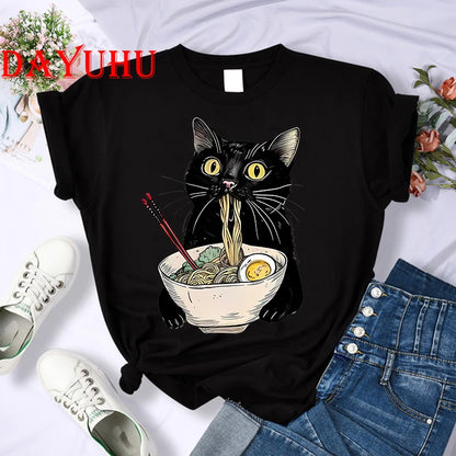 Women Noodle Ramen Cat T-Shirt Foodie Lover T Shirts Black Cat Noodle T-Shirts Retro Casual Short Sleeve Tshirt Women Clothes