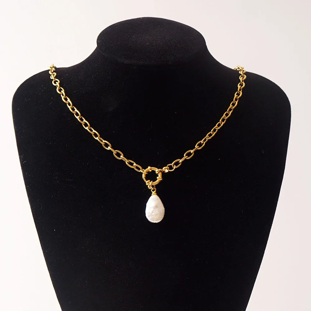Natural Pearl Necklace For Women Stainless Steel Sailor Clasp Choker Gold/Silver Color Metal Rolo Chian Femme Stone Collier