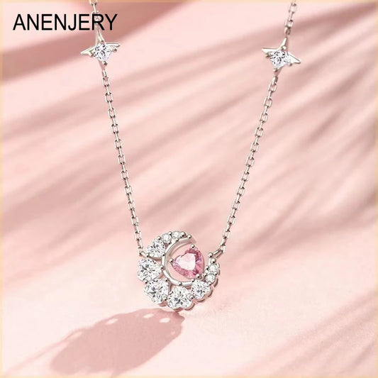 ANENJERY Heart Shaped Zircon Star Moon Necklace female New Fashion Exquisite Simple Collar Chain Party Jewelry collier