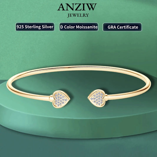 Anziw Love Heart Moissanite Cuff Bangle 925 Silver for Women Certified Simple Charm Open Bracelet Jewelry 18k Gold Plated Gifts